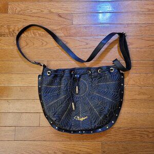 C. Steffens Quilted Black Leather Bucket Bag Gold Embroidery